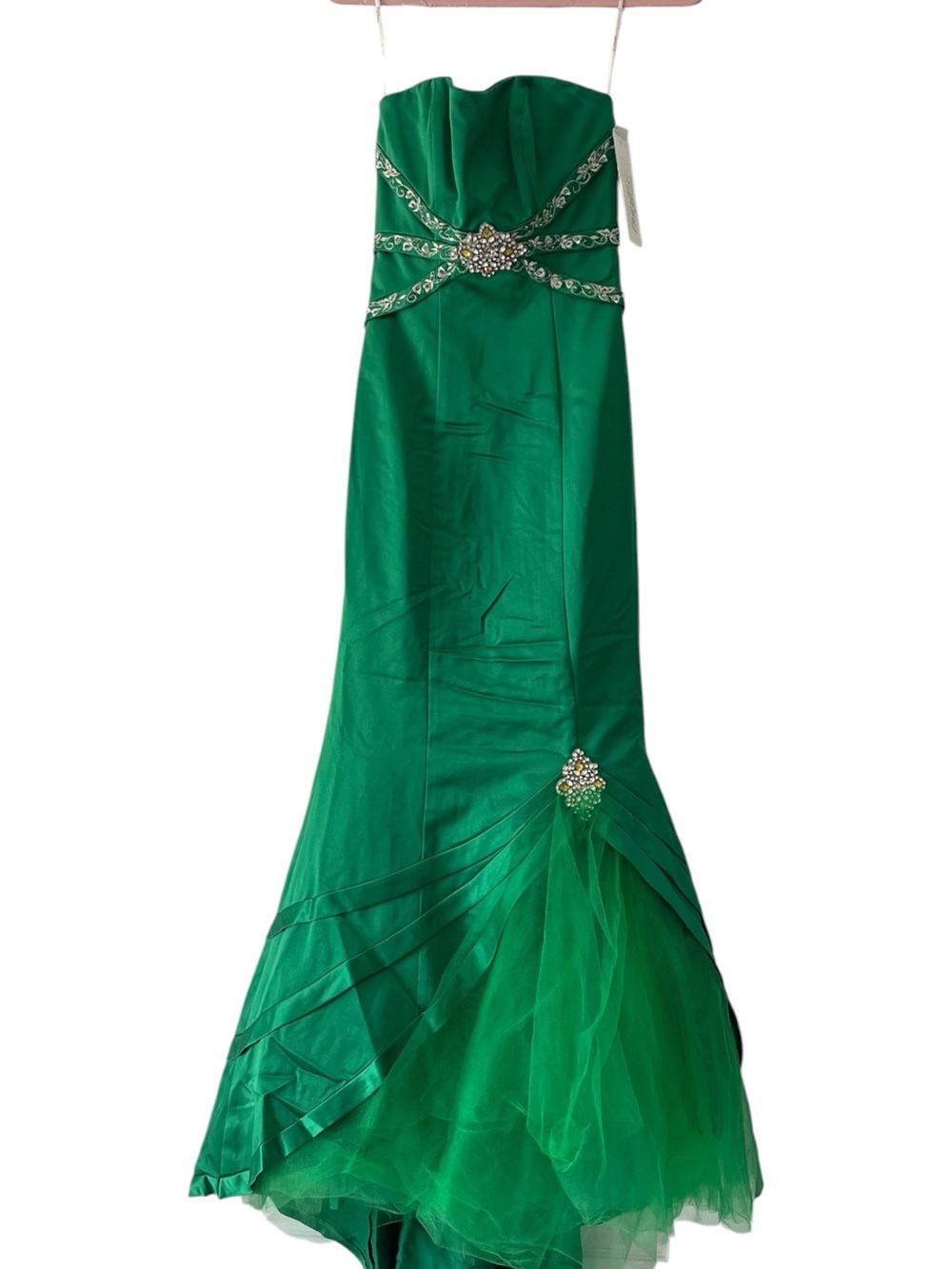 Tiffany Designs Emerald Green Strapless Mermaid Gown with Crystal Accents